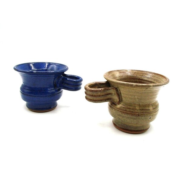 Two Vintage Stoneware Mugs Cups Blue Brown Wide Mouth Reverse Handle Artist Sign - Picture 3 of 14